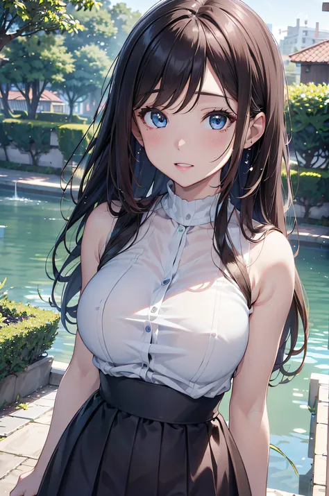 (Best Quality,4K,8K,hight resolution,masutepiece:1.2),Ultra-detailed,(Realistic,Photorealistic,Photorealsitic:1.37),Female, 20 years old,Eyes and faces with detailed,Long Wave Hair、dark brown hair、sleeveless beige turtleneck、flered skirt、long eyelashes,Bea...