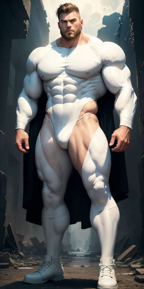 filmposter，Mature men，aged 40，Wearing a smooth rice milk white spandex suit，Standing alone in the ruins of doomsday，expression sad，Deep and charming eyes，Emerald-like pupils，muscular male hero，heroic masculine pose，Tall and burly，Muscular！Sexy and charming...