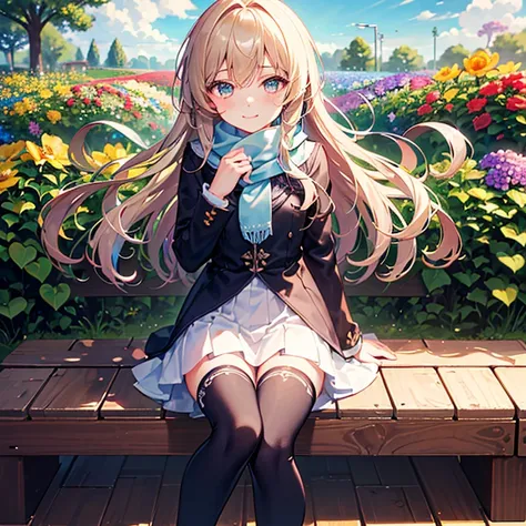 ​master piece , Best Quality，Wallpaper 8k CG, hyper quality, The best ，1girl in,Solo，Seductive smile，
(in Flower garden, Colorful flower garden,Floral scenery:1.5),( Blue sky, cumulonimbus clouds),(Wooden bench:1.2),(Many flowers are blooming:1.3),（Peplum ...