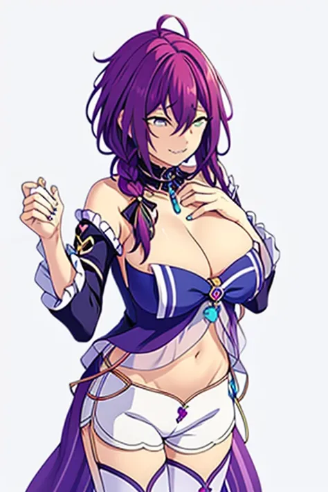 long hair, mole under mouth, purple hair, single braid, hair between eyes, aqua eyes, sharp teeth, ahoge, blush, smile, cowboy shot, 1girl, solo,huge breasts, cleavage, heart-shaped pupils, spoken heart, outfit-kokomi, white shorts, white thighhighs, detac...