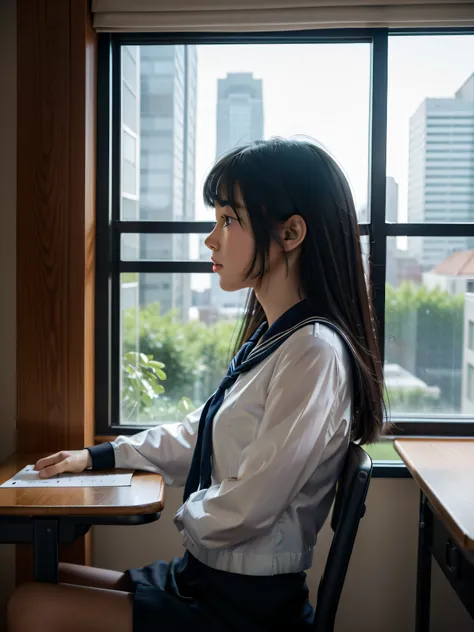 hyper realisitic)， (Best Quality), (超A high resolution), (8K)，(Ultra-precise and fine)，(masutepiece)，(Full body)，Solo，Beautiful 18 year old girl with beautiful black hair in sailor suit、Sit in a chair with your elbows on the desk、Looking out the window wit...