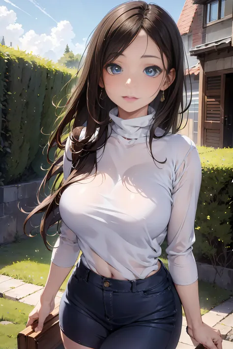 (Best Quality,4K,8K,hight resolution,masutepiece:1.2),Ultra-detailed,(Realistic,Photorealistic,Photorealsitic:1.37),Female, 20 years old,Eyes and faces with detailed,Long Wave Hair、dark brown hair、Beige Turtleneck Knit、Denim Mini Skirt、long eyelashes,Beaut...