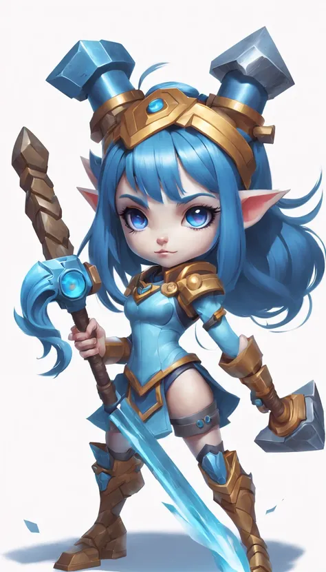 determined，Robot girl yordle，blue long hair，topknot,With Oren&#39;s legendary hammer，Even if the hammer handle stands taller than her。white backgrounid，