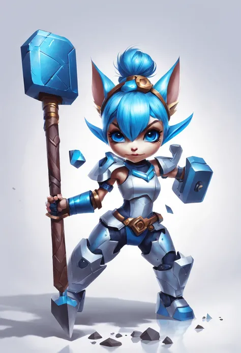 determined，Robot girl yordle，blue topknot,With the legendary hammer，The handle of the hammer stands taller than her。white backgrounid，