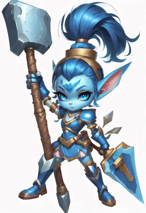 determined，Robot girl yordle，blue topknot,With the legendary hammer，The handle of the hammer stands taller than her。white backgrounid，