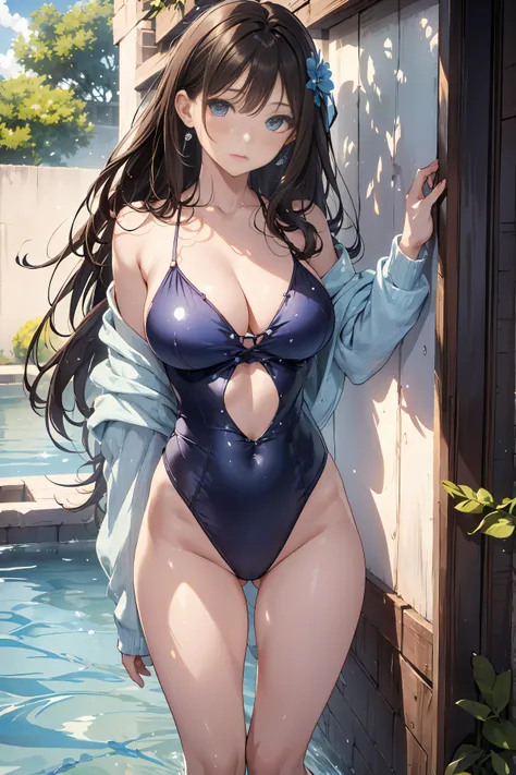 (Best Quality,4K,8K,hight resolution,masutepiece:1.2),Ultra-detailed,(Realistic,Photorealistic,Photorealsitic:1.37),femele, 20 years old,Eyes and faces with detailed,Long Wave Hair、dark brown hair、gravure idol swimsuit、long eyelashes,Beautiful detailed lip...