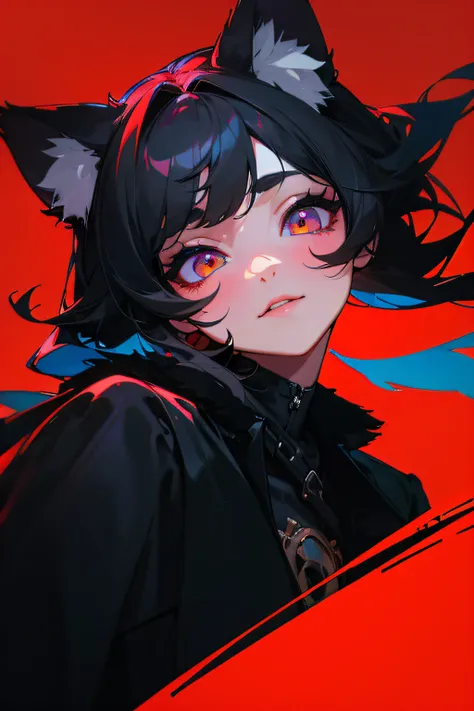 (hight resolution,Masterpiece:1.2),Vivid colors,beautiful detail eyes,beautiful detailed lips,long eyelashes,black coat,fluffy fur,cute expression,Feline Grace,Lets move on to the camera,on a red background, Neon, night time, ciberpunk