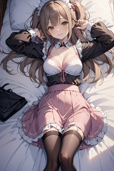 People from Scusbrook, Sukesbrook,(Maid costume)、flered skirt、fishnet tights、(masutepiece:1.2), (Best Quality:1.2), Perfect eyes, Perfect face, 1girl in, Solo, Brown eyes, (medium breasts), breasts of medium size,,, Sleep in bed, Smiling、Shy laughter、sprea...