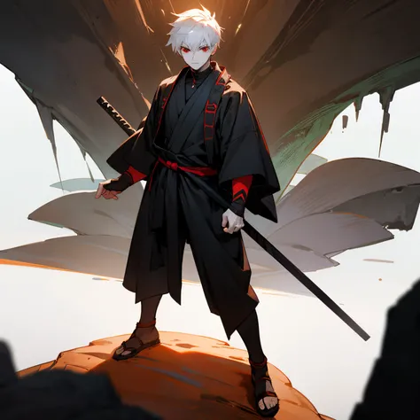 1male , standing on mountain , Ninja Clothing , Black Clothing , Warrior Clothing , Pale Skin , Red Eyes , standing infront of a cave , adult male