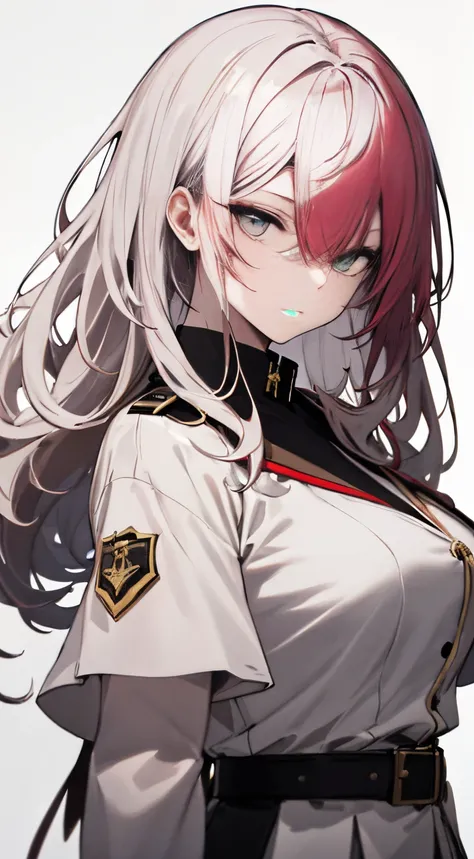 Full body, White one-piece military uniform,(masutepiece:1.2, Best Quality), (finely detailed beautiful eye: 1.2), (beautifull detailed face), High contrast, (Best Illumination, extremely delicate and beautiful), ((Cinematic Light)), Dramatic light, Intric...