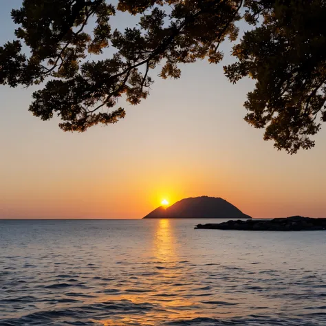 A brilliant sunrise over a small island and the sea