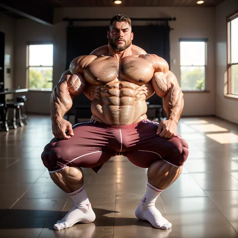 Full body photo）strong、Sporty middle-aged man，Grow a fine beard，The whole body is strong and powerful，beefy pectorals，Strong arms，Wear only red transparent panties，in hot state，long white socks，without wearing shoes，，Huge muscles are showing，Great Assa，The...