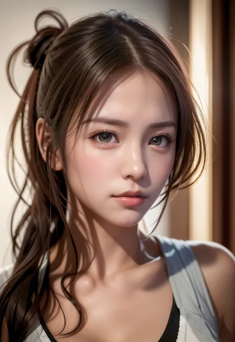 8K, of the highest quality, masutepiece:1.2), (Realistic, Photorealsitic:1.37), of the highest quality, masutepiece, Beautiful young woman, Pensive expression, sexy facial expression, Hair tied back, Messy mood, Cinematic background, Tired, Light skin tone