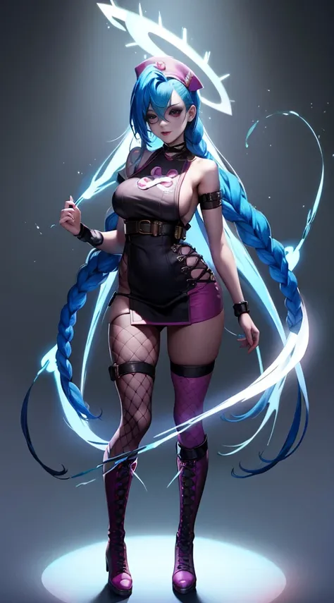 League of Legends ，Jinx nurse，White nurse costume，Rose tattoo，big laughter，((kneehigh boots)),(fishnet leggings),(standing on your feet)，Blue twist braid，de cuerpo completo，The background is dark and tough，There is a sense of danger and intensity。Adds to t...