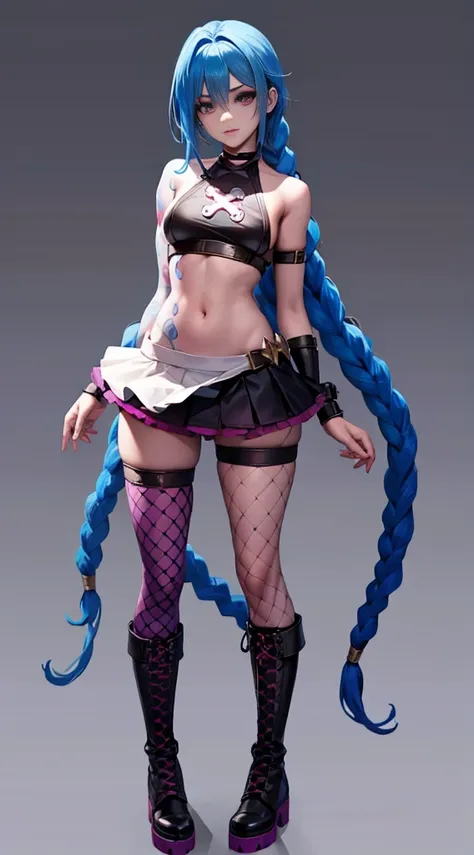 League of Legends ，Jinx nurse，White nurse costume，Rose tattoo，big laughter，((kneehigh boots)),(fishnet leggings),(standing on your feet)，Blue twist braid，de cuerpo completo，The background is dark and tough，There is a sense of danger and intensity。Adds to t...