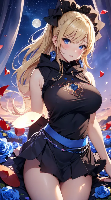 top-quality、Top image quality、​masterpiece、girl with((18year old、Best Bust、big bast,Beautiful blue eyes、Breasts wide open, Blonde ponytail、A slender,Large valleys、Black hoodie、Red and black skirt、Sleeveless、Ruby Earrings、Sit up、posterior view)）hiquality、Be...