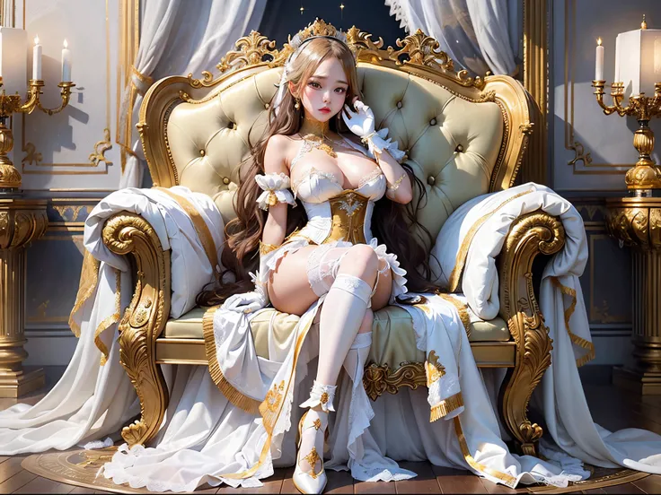 in the throne room、A luxurious golden throne in the Rococo style、sit cross-legged、Put on a gorgeous tiara、Wearing long white gloves、Wearing white stockings and a white garter belt、wearing white high heels、with big breasts、slightly showing nipples、Seen from...