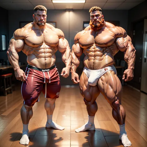 Full body photo）strong、Sporty middle-aged man，Grow a fine beard，The whole body is strong and powerful，beefy pectorals，Strong arms，Wear only red transparent panties，in hot state，long white socks，without wearing shoes，，Huge muscles are showing，Great Assa，The...