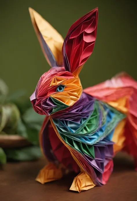 The image shows a stunningly intricate rabbit-shaped origami sculpture, made with delicate paper folds and vibrant colors.,original,I love rabbit.