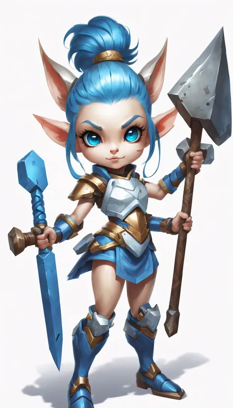 determined，Robot girl yordle，blue topknot,With legendary hammer，The handle of the hammer stands taller than her，Take a shield。white backgrounid，