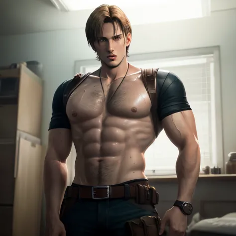 photo of Leon Scott Kennedy, from Resident Evil who is Shirtless and his body is very sweaty and he is licking his veiny arms