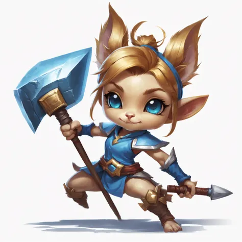 determined，female yordle，blue topknot,With legendary hammer，The handle of the hammer stands taller than her，Take a shield。white backgrounid，