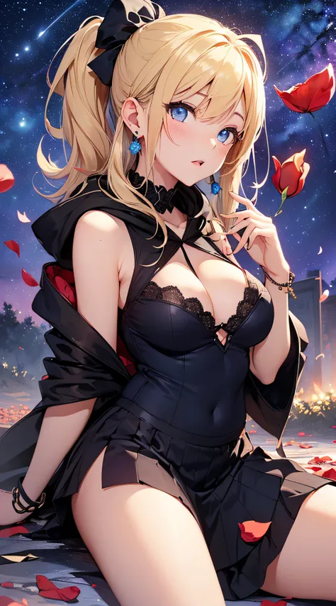 top-quality、Top image quality、​masterpiece、girl with((18year old、Best Bust、big bast,Beautiful blue eyes、Breasts wide open, Blonde ponytail、A slender,Large valleys、Black hoodie、Red and black skirt、Sleeveless、Ruby Earrings、lie down on her back)）hiquality、Bea...