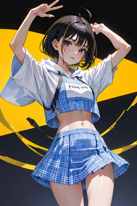 Dancing，(child)，（​masterpiece，Highest Quality），Crop Top Look，Short sleeve hoodie，(Gingham check miniskirt)，A dark-haired，intersection