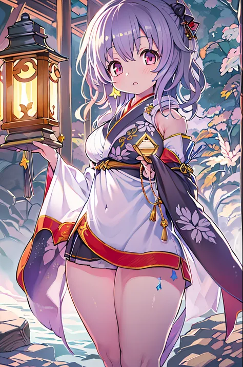 (Best Quality:1.4), hight resolution, masutepiece,, 1girl in,, Light purple hair, Purple eyes, (Kemomimi), medium breasts, bare slim thighs,, Hair Ornament, (Red|White Japan priestess uniform), Detached sleeves,, blush,, lantern, shrines,, Detailed face,