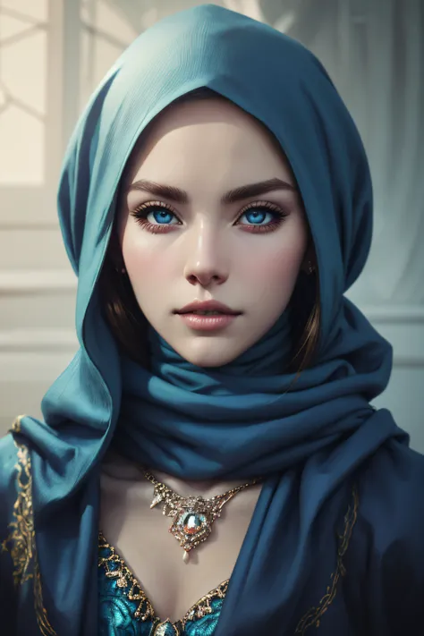 adison justis, sexy clothes, wearing a hijab made of blue with jewelry and diamonds, character portrait, 4 9 9 0 s, long hair, i...