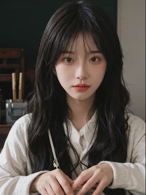 Best quality， 超高分辨率， A woman with long black hair and a gray sweater, The middle view is, JK school uniform，under a ray of sunshine，She has black hair，through bangs, young lovely Korean faces, Cute Korean face, Urzans, Shin Jinying, beautiful aesthetic fac...