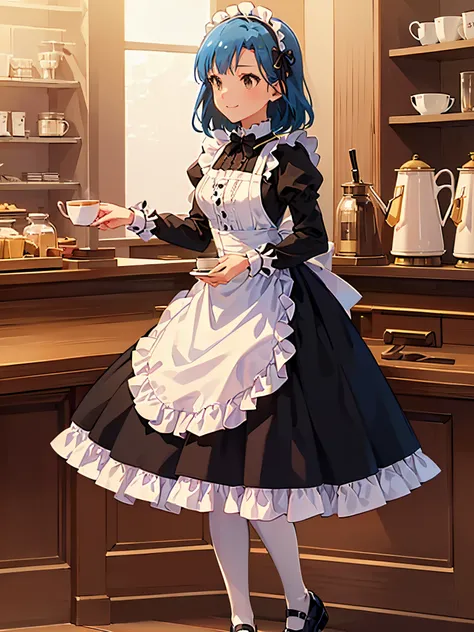 yuriko nanao (million live), 1 girl, Solo, Cute Girl,Best Quality, Ultra-detailed, 8K, High resolution, Detailed face, Bob Hair, smile, (((maid dress, Victorian maid, long dress, puffy sleeves, long sleeves, white apron, frilled apron, white pantyhose, bla...