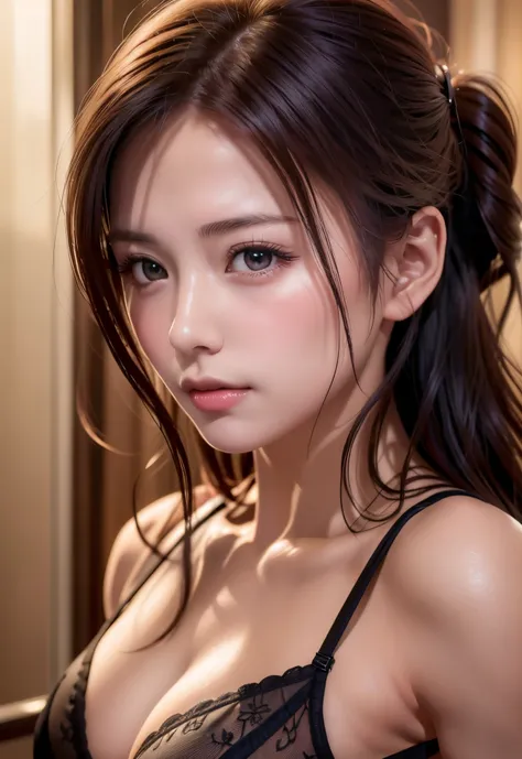 8K, of the highest quality, masutepiece:1.2), (Realistic, Photorealsitic:1.37), of the highest quality, masutepiece, Beautiful young woman, Pensive expression, Sweet look, sexy lingerie、Hair tied back, Messy mood, Cinematic background, Tired, Light skin to...