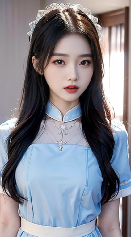 Slender Asian girl, Kpop Idol, ((Maid Uniform)), ((of the highest quality, 8K, masutepiece: 1.3)), Crisp focus: 1.2, Beautiful woman with perfect figure: 1.4, Highly detailed face and skin texture, Detailed eyes, ((skinny)), Beautiful face, Symmetrical fac...