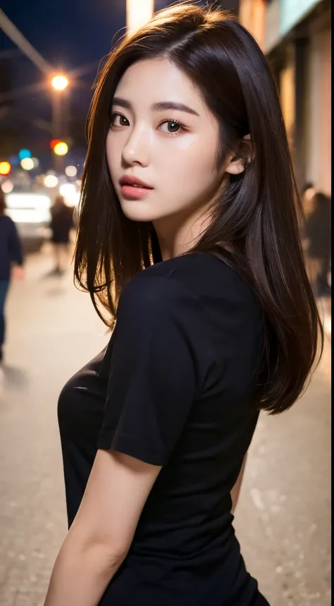 (Best quality, High resolution, Masterpiece :1.3), A pretty woman, Slender figure, Dark brown hair, T-shirt, (Street in city at night), Highly detailed face and skin texture, Detailed eyes, Double eyelid