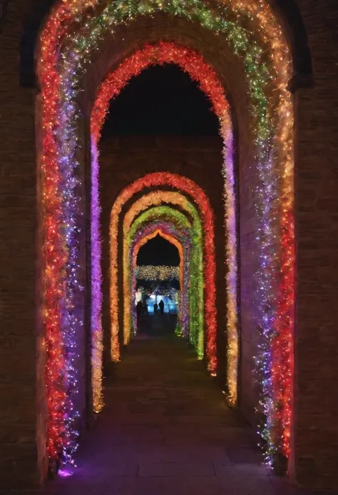 stunning christmas illuminations、Glowing lighting、illuminated tunnel、1,0 million LED lights shine、Seven colored lighting、Seven colored lighting、Seven colored lighting、Illuminated、Illuminations spread across the walls of the building