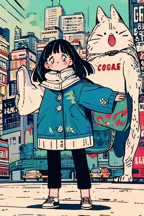 ​masterpiece、8K、32K、top-quality、(prety woman:1.3)、detail portrayal、1 girl in、elegent、23years old、(Black hair bangs)、(parka:1.35)、A city scape、(3 head body)