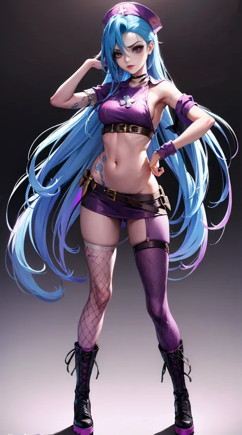 League of Legends ，Jinx nurse，nurse hat，White nurse costume，Runaway Lori，de cuerpo completo，(kneehigh boots)),purpleish color，(fishnet leggings),(standing on your feet)，The background is dark and tough，There is a sense of danger and intensity。