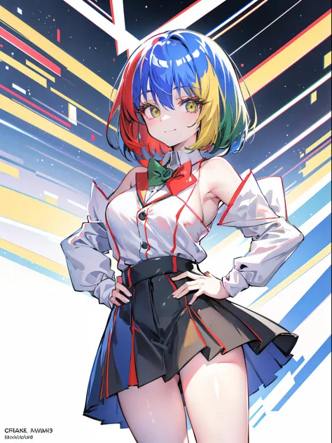 Chrome-chan, 1girl, looking at viewer, smile, simple background, white background, closed mouth, standing, full body, hand on hip, short_hair, upper_body, deep eyes, sweater, skirt, multicolored_eyes, large_breasts, red_eyes, green_eyes, yellow_eyes