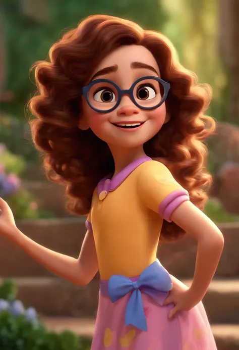 Pixar style image with 3D character lilac glasses 5 year old girl with bow brunette curly hair flowing black brown eyes snub nose dancing insert family from the movie charm into the background image from the movie charm, Maquiagem Disney, Pescador, bonitin...