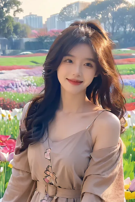 ((best qualtiy, 8K, tmasterpiece:1.3)), (( solo person，upper body photos，in a field of flowers，Woman surrounded by flowers，perfect figure beautiful woman:1.4)), ((black long curly hair)), (Orange trench coat:1.8，longer sleeves:1.1) , (springtime，dream gard...