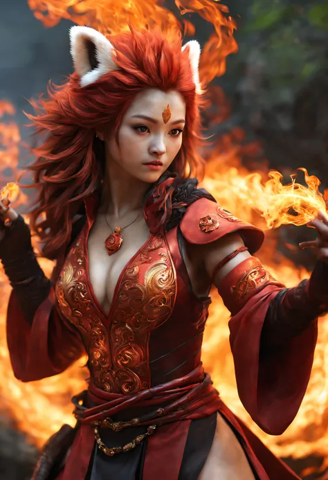 A Hyperrealistic full body, Red Panda human female Sorcerer, Casting Fire Magic, Japanese Fantasy World, perfect face, Perfect Body, Detailed and Intrincated, HD