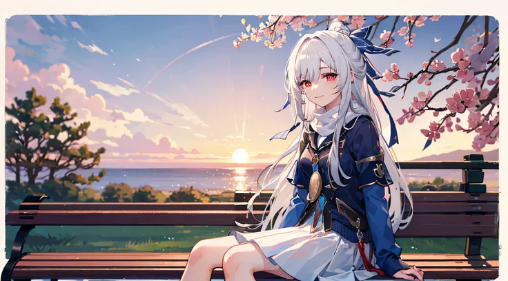 1girl, Best Quality 8K, 1girl, white hair, red eyes, whte dress, white skirt, white sailor collar, white scarf, sitting on bench, hands on the lap, blue sky, sunset, outdoors, smile. look at viewers,