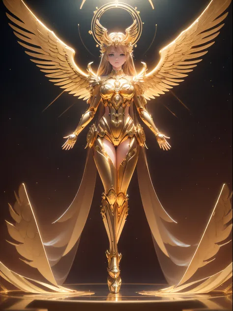 mechanical style,gold theme,(1 mechanical beautyful girl angel,anatomically correct,full body,halo,golden wings,standing,circula...