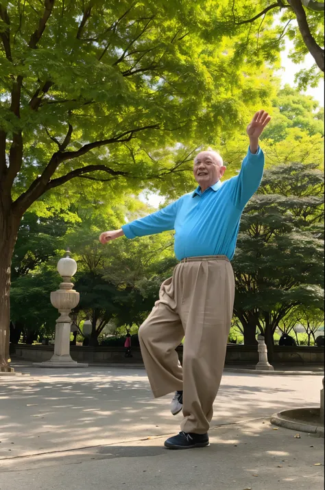 An old man who looks like Winnie the Pooh is dancing for no reason in Hibiya Park.