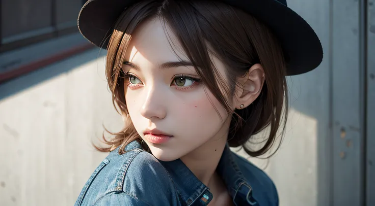 Female anime character in black shirt long sleeves and blue jeans, short brown hair, Neck length, Green eyes, Digital painting inspired by Tomer Hanukkah, trending on pixiv, serial art, heavy gesture style closeup, Full body details, wearing casual clothin...