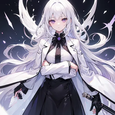 1 female, white hair, long black coat, black tie, white shirt, purple eyes, tall, black skirt, black schawl, snow