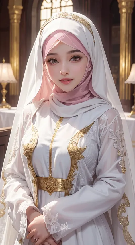 Bella, a veiled girl wearing a white hijab, a hidden hijab, a religious girl, a respectable girl wearing a white abaya with golden decorations and engravings, hazel eyes, white skin, pink lips, a refreshing smile, a lively girl, a movie scene, high resolut...