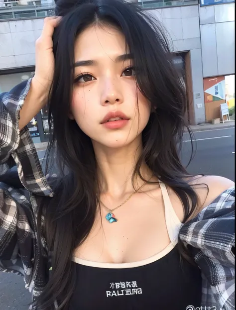 um close up de uma mulher com cabelos longos usando um top preto, Ulzzang, menina coreana, cruel korean goth girl, Asian girl with long hair, young asian girl, linda mulher coreana jovem, Mulher sul-coreana bonita, Beautiful Asian girl, 🤤 retrato da menina...