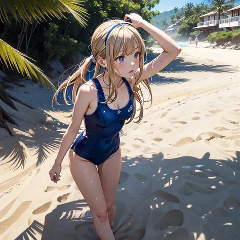 Arisa line fault,onepiece swimsuit,sand beach,１a person